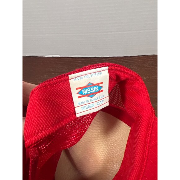 Vintage Nissin Red Mesh Snapback Hat With "Eagle Wrestling" Yellow Print X3 - Picture 4 of 4